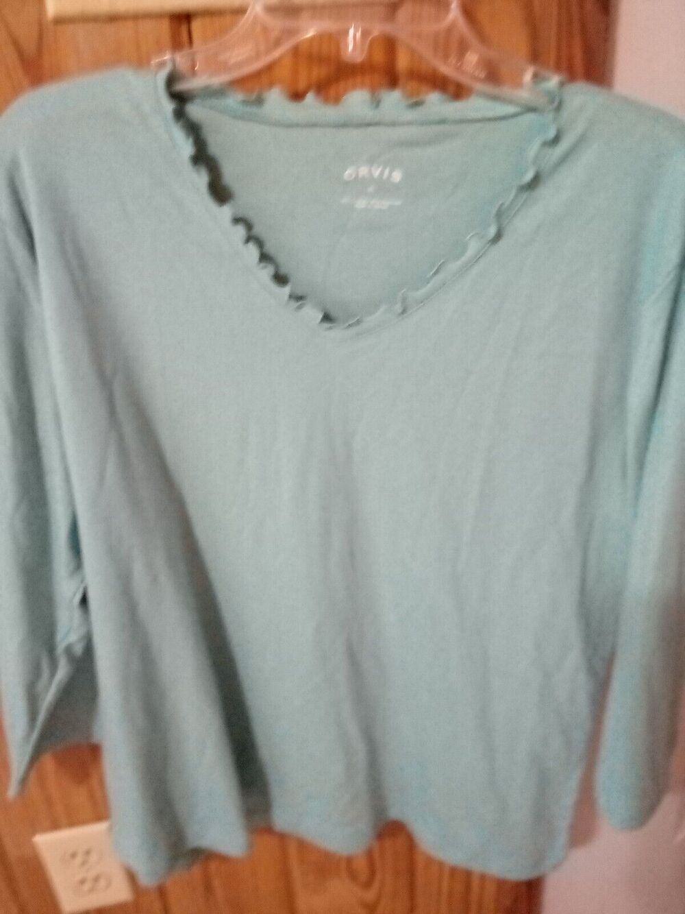 Orvis Shirt Womens XL Green Cotton Blend 3/4 Sleeve Pullover V Neck